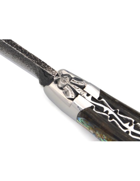 Laguiole pocket knife, 12 cm, brut de forge blade, double plates and bee hand chiseled, abalone handle, shiny bolsters