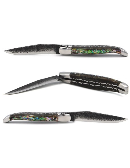 Laguiole pocket knife, 12 cm, brut de forge blade, double plates and bee hand chiseled, abalone handle, shiny bolsters