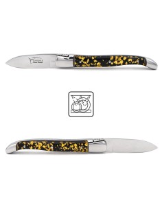 Laguiole oyster knife, gold leaf inclusion handle (black background)