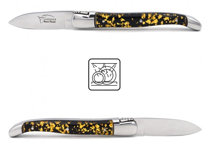 Laguiole oyster knife, gold leaf inclusion handle (black background), shiny bolsters, dishwasher safe