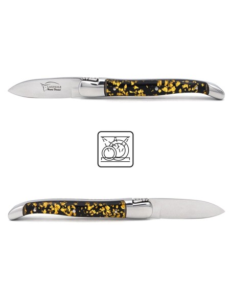 Couteau à huîtres de Laguiole, manche feuille d'or en inclusion