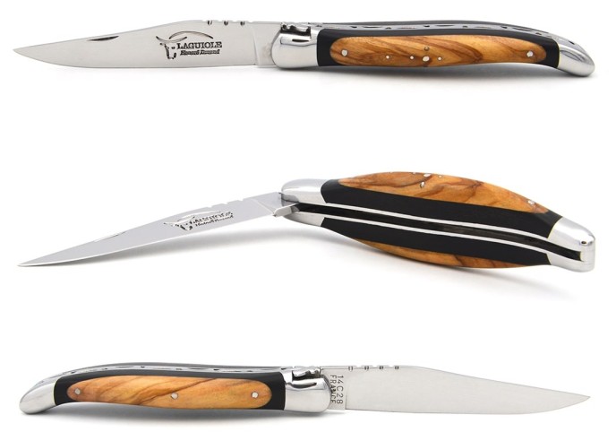 Laguiole pocket knife, 11 cm, forged bee, ebony and olive wide handle wood with shiny bolsters