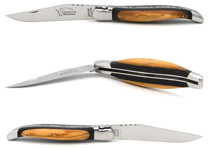 Laguiole pocket knife, 12 cm, forged bee, ebony and olive wide handle wood with shiny bolsters