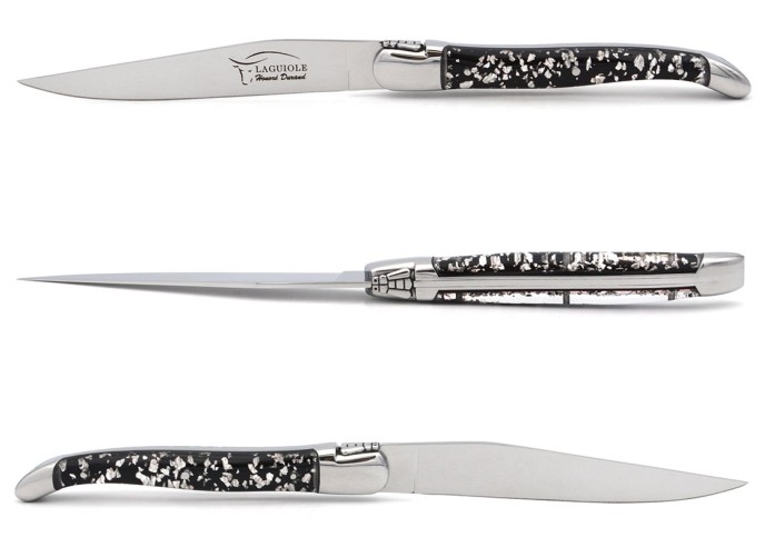 Laguiole steak knives, copper foil inclusion handle with shiny bolsters