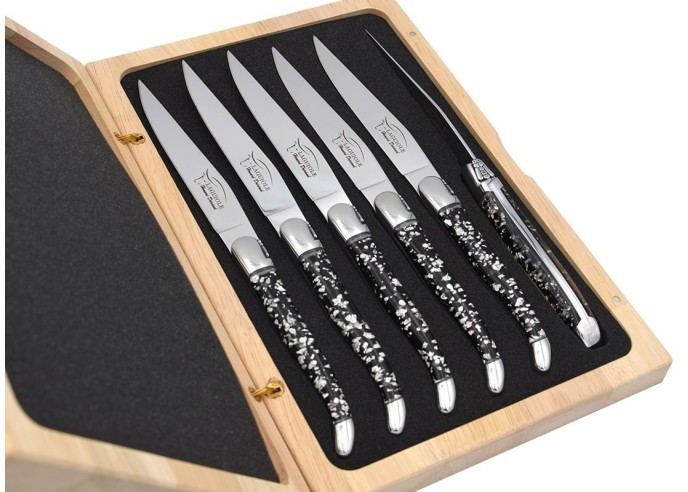 Laguiole steak knives, copper foil inclusion handle with shiny bolsters