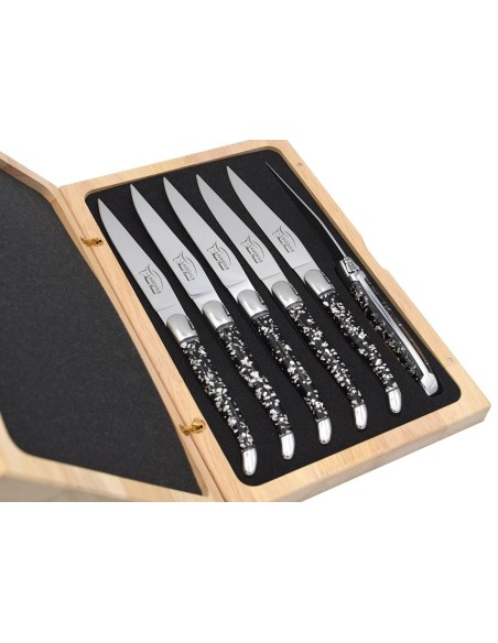 Laguiole steak knives, copper foil inclusion handle with shiny bolsters