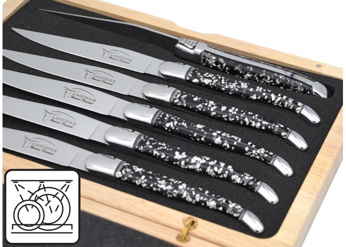 Laguiole steak knives, silver leaf inclusion handle (black background), shiny stainless steel bolsters, dishwasher safe