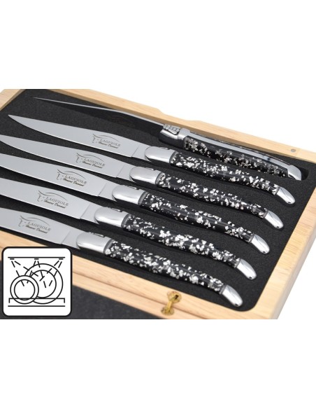 Laguiole steak knives, copper foil inclusion handle with shiny bolsters