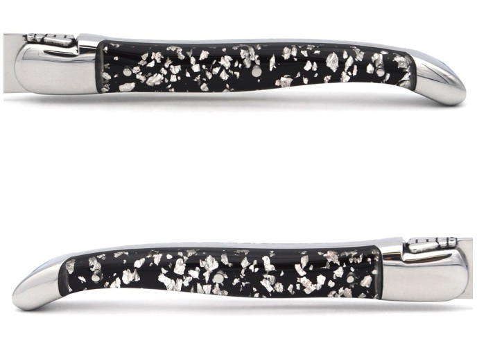 Laguiole steak knives, copper foil inclusion handle with shiny bolsters