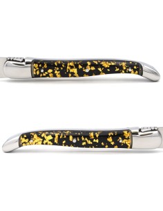 Laguiole Steakmesser, Griff aus Blattgold in Einschlüssen (schwarzer Grund), spülmaschinenfest, glänzendem Edelstahl 2