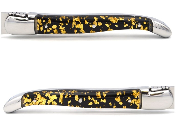 Laguiole Steakmesser, Griff aus Blattgold in Einschlüssen (schwarzer Grund), spülmaschinenfest, glänzendem Edelstahl