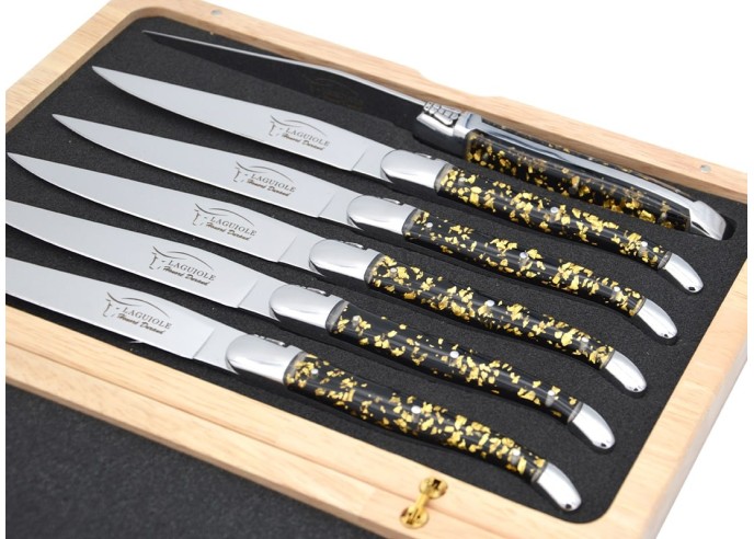 Laguiole steak knives, gold foil inclusion handle with shiny bolsters