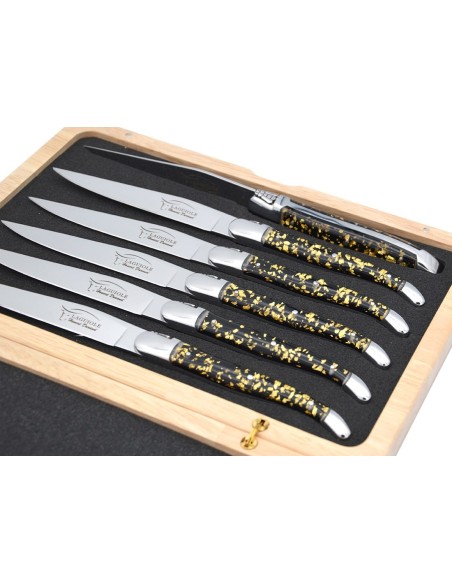 Laguiole steak knives, gold foil inclusion handle with shiny bolsters