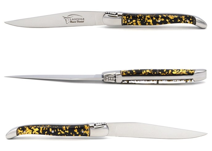 Laguiole steak knives, gold foil inclusion handle with shiny bolsters