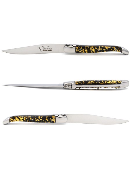 Laguiole Steakmesser, Griff aus Blattgold in Einschlüssen (schwarzer Grund), spülmaschinenfest, glänzendem Edelstahl