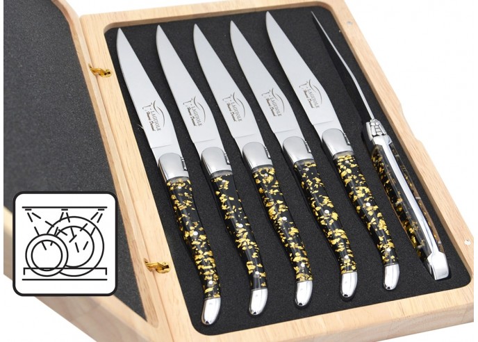 Laguiole steak knives, gold leaf inclusion handle (black background), shiny stainless steel bolsters, dishwasher safe