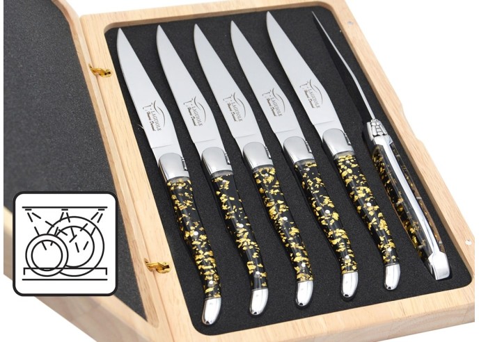 Laguiole Steakmesser, Griff aus Blattgold in Einschlüssen (schwarzer Grund), spülmaschinenfest, glänzendem Edelstahl