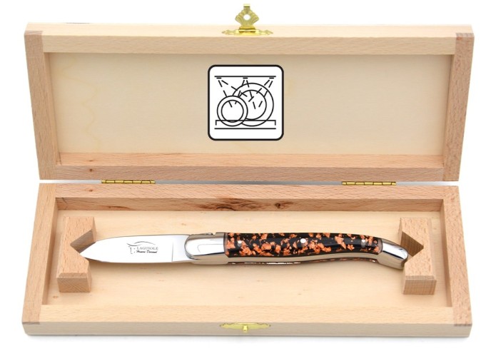 Couteau à huîtres de Laguiole, manche feuille de cuivre en inclusion