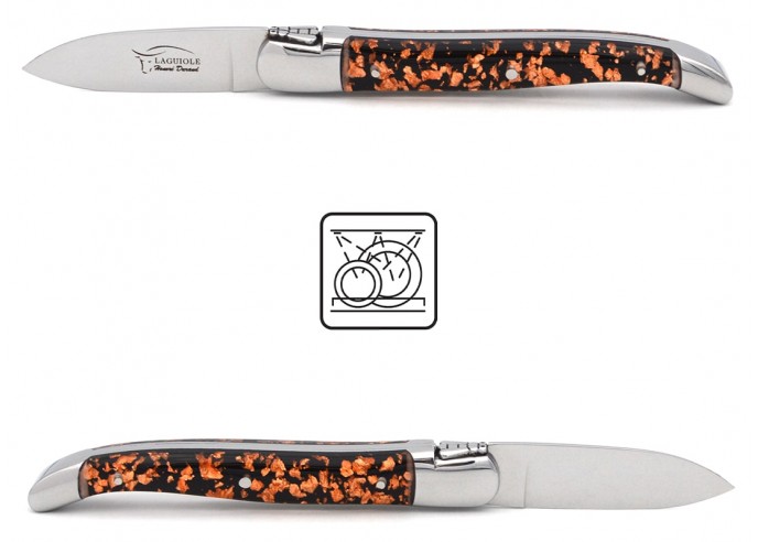 Laguiole oyster knife, copper leaf inclusion handle (black background), shiny bolsters, dishwasher safe