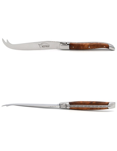 Laguiole Käsemesser, Heftbacken aus glänzendem Edelstahl, breiterer Griff aus Thuya