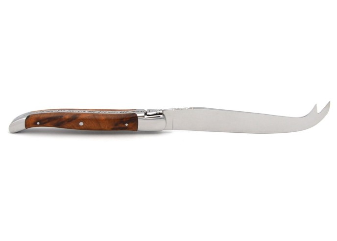 Laguiole cheese knife with shiny stainless steel bolsters.