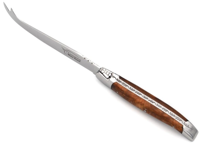 Laguiole Käsemesser, Heftbacken aus glänzendem Edelstahl, breiterer Griff aus Thuya