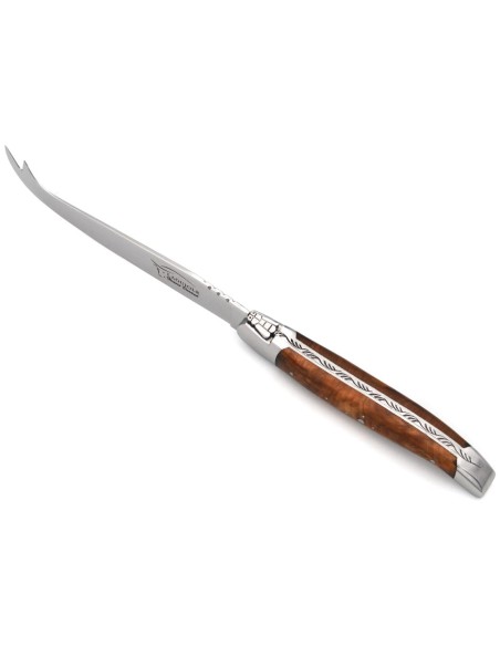Laguiole cheese knife with shiny stainless steel bolsters.