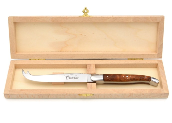 Laguiole cheese knife with shiny stainless steel bolsters.