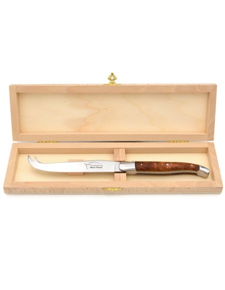 Laguiole cheese knife with shiny stainless steel bolsters.