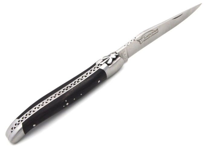 Laguiole Klappmesser, 12cm, Geschmiedete Biene, Heftbacken aus glänzendem Edelstahl, Griff aus Olivenholz