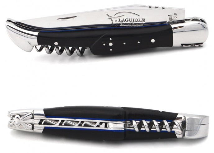 Laguiole pocket knife, 12 cm, ebony handle & blue spacer, blade and corkscrew, stainless steel bolsters