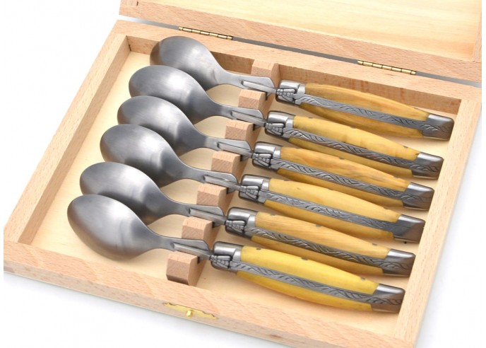 Laguiole teaspoons, wide boxwood handles with matt stainless steel bolsters