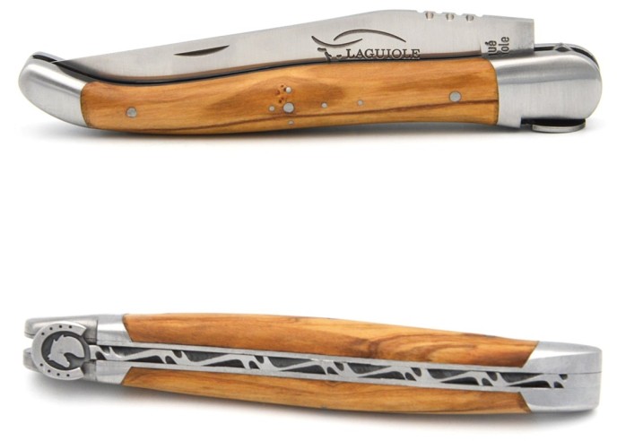 Laguiole pocket knife, 12 cm, horse pattern, olivewood handle