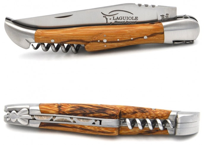 Laguiole pocket knife, 12 cm, marblewood handle, blade and corkscrew, matt bolsters