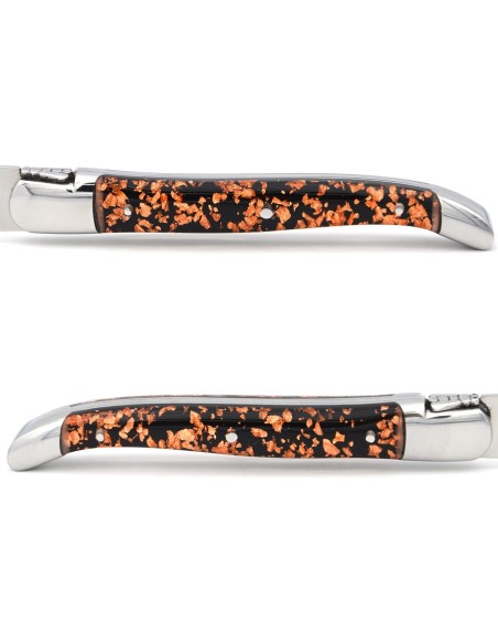 Laguiole steak knives, copper foil inclusion handle with shiny bolsters