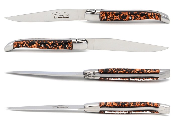 Laguiole steak knives, copper foil inclusion handle with shiny bolsters