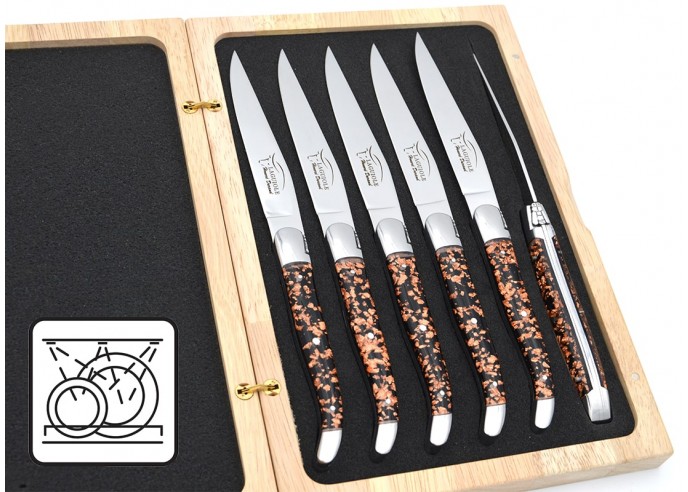 Laguiole steak knives, copper foil inclusion handle (black background), shiny stainless steel bolsters, dishwasher safe