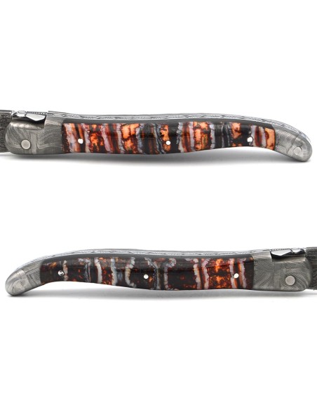 Orange Mammoth molar with Damascus steel bolsters