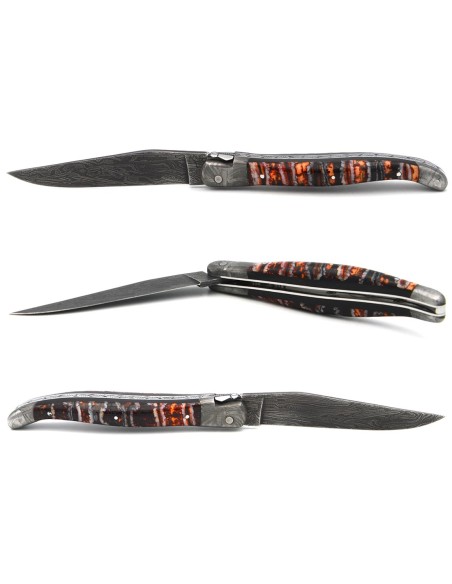 Orange Mammoth molar with Damascus steel bolsters