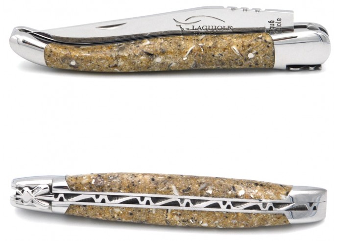 Laguiole pocket knife, 12 cm, oyster shell handle, forged bee, shiny bolsters