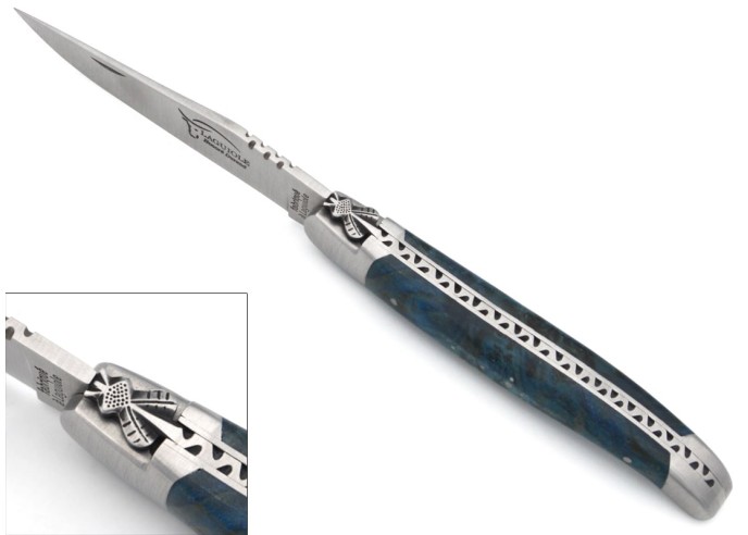 Laguiole pocket knife 12 cm, classic forged bee n°2, blue stabilized poplar burl handle