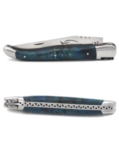 Laguiole 12 cm, abeille forgée classique n°2, manche en loupe de peuplier stabilisée bleu