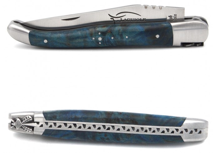 Laguiole pocket knife 12 cm, classic forged bee n°2, blue stabilized poplar burl handle with matt bolsters