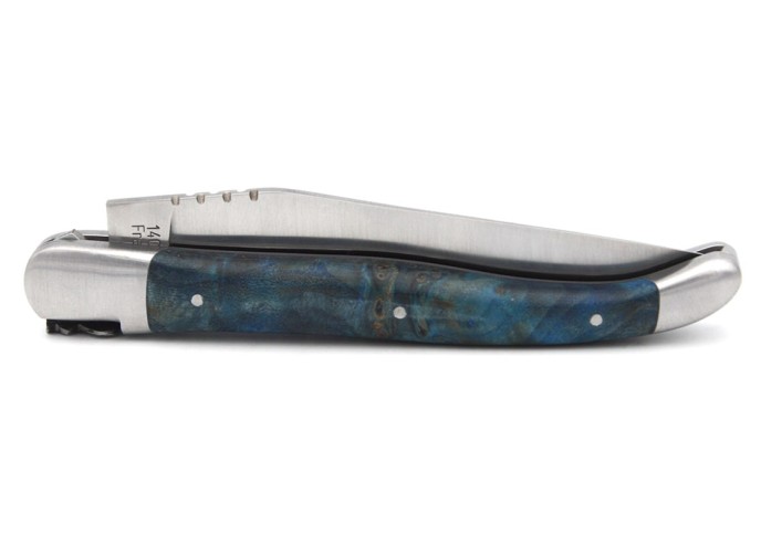 Laguiole pocket knife 12 cm, classic forged bee n°2, blue stabilized poplar burl handle