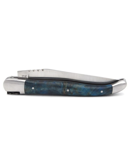 Laguiole pocket knife 12 cm, classic forged bee n°2, blue stabilized poplar burl handle