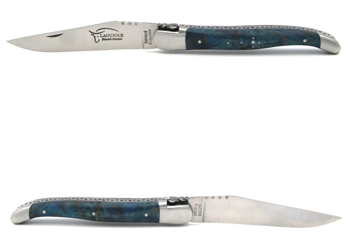 Laguiole 12 cm, abeille forgée classique n°2, manche en loupe de peuplier stabilisée bleu