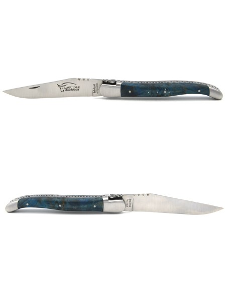 Laguiole pocket knife 12 cm, classic forged bee n°2, blue stabilized poplar burl handle