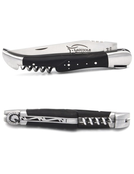 Laguiole knife 12 cm, horse pattern, blade and awl and corkscrew, dark horn tip handle