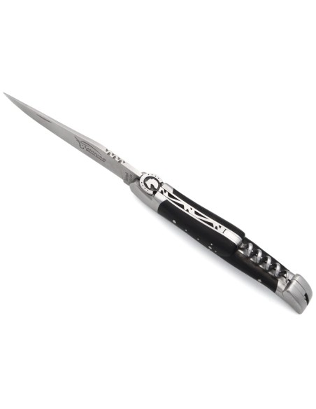 Laguiole knife 12 cm, horse pattern, blade and awl and corkscrew, dark horn tip handle