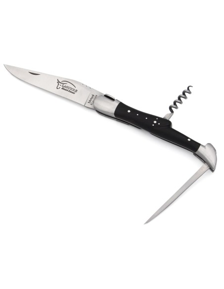Laguiole knife 12 cm, horse pattern, blade and awl and corkscrew, dark horn tip handle